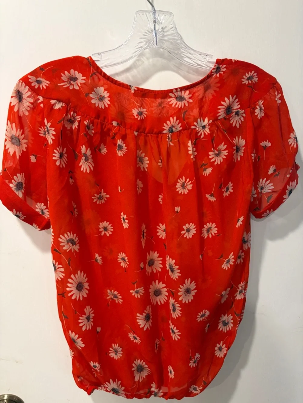 Zara Basic Bright Red Daisy-Print Short Sleeve Blouse XS